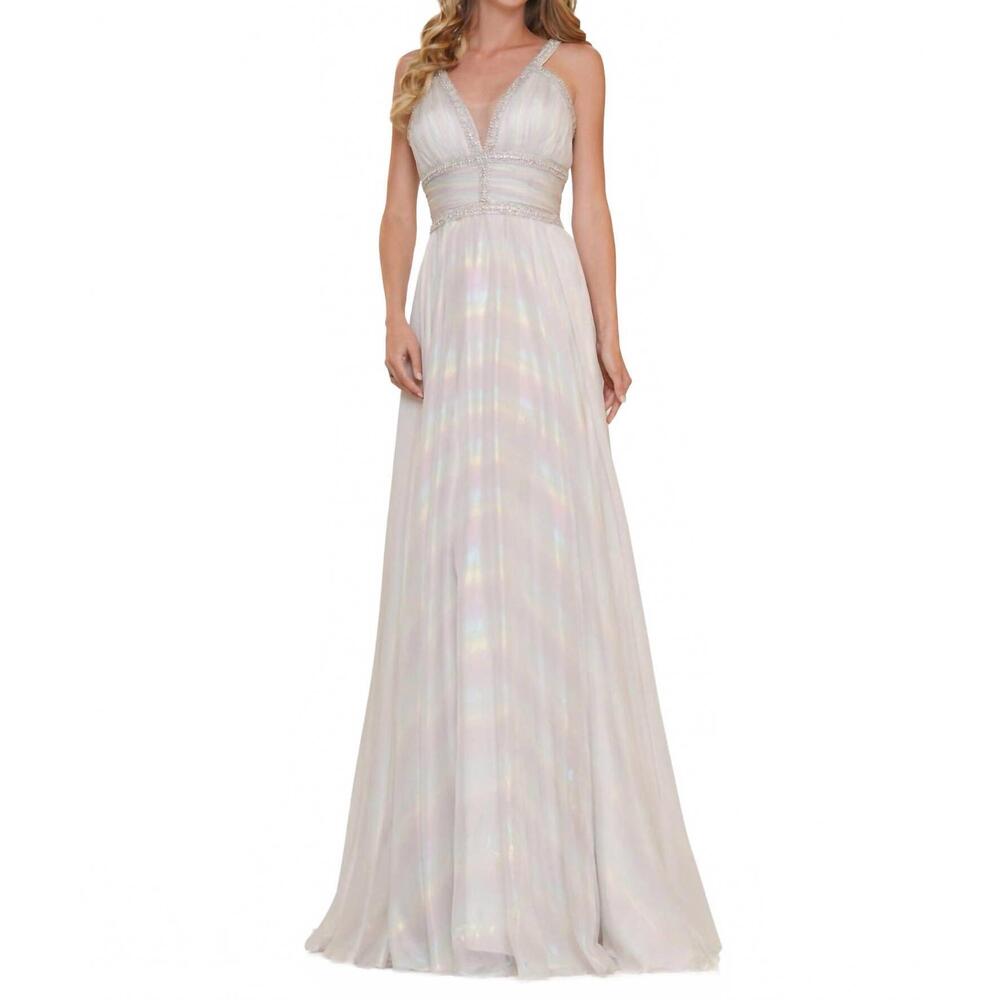 NEW COLORS DRESS iridescent rainbow a-line gown in off-white